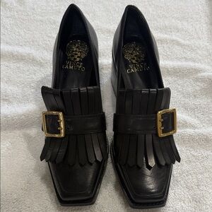 Vince Camuto Black Leather Fringe Loafers with Gold Buckles
